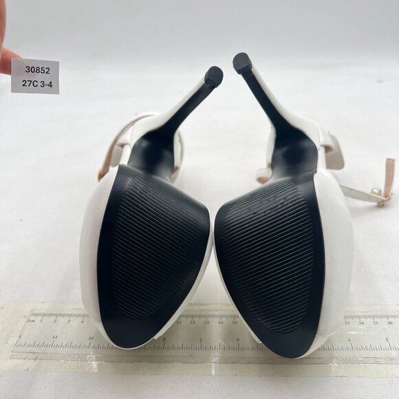 FSJ White Peep Toe Bridal Shoes Ankle Strap Bow Platform Heeled Sandals - Picture 7 of 8